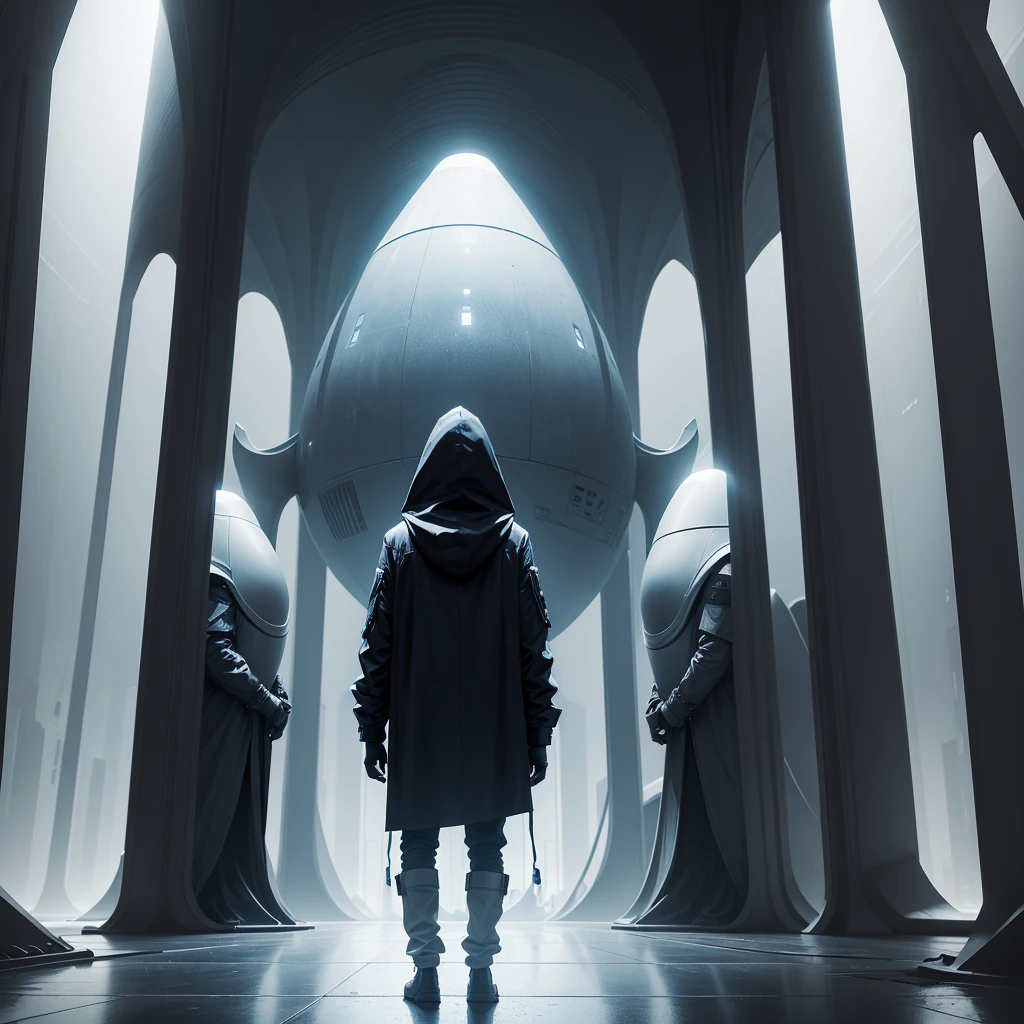 (The best quality)Hooded person looking at the futuristic architecture of an advanced civilization on another planet with dark color palette