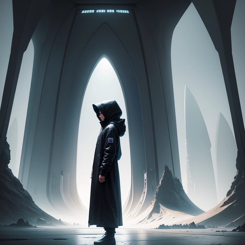 (The best quality)Hooded person looking at the futuristic architecture of an advanced civilization on another planet with dark color palette