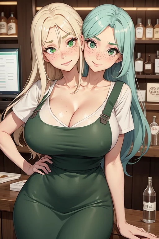 2heads, a very tall skinny woman with 2 heads. Working behind the counter at the register at a coffee shop. Wearing green apron with store logo, wearing worker uniform. Cleavage. Mature, milf. Messy long white hair. Thin face, cute face. Smiling. Blushing. Thick eyeliner. Eyeshadow. Baggy eyes. Extremely tall. Freckles, many freckles. Covered in freckles. Big saggy breasts covered in freckles.