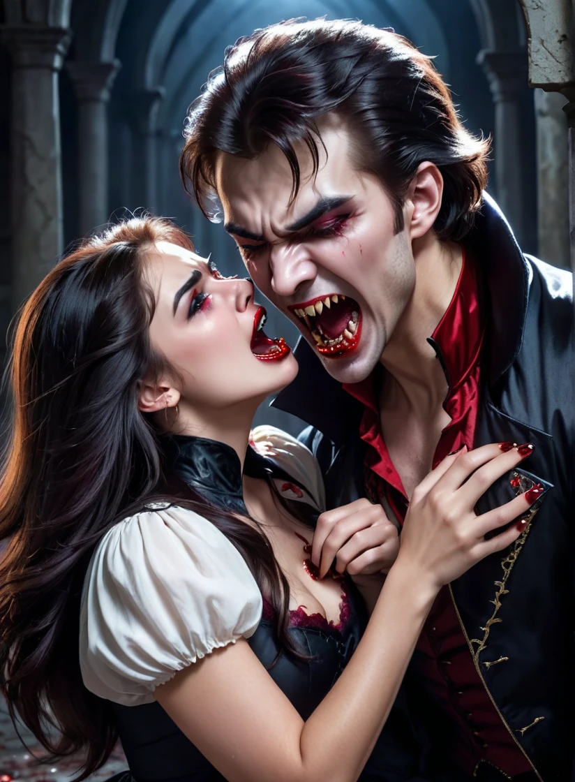 a vampire man with large canines crouching next to an attractive human teenage woman biting her neck, woman is crying, blood everywhere, large canine, vampire fangs