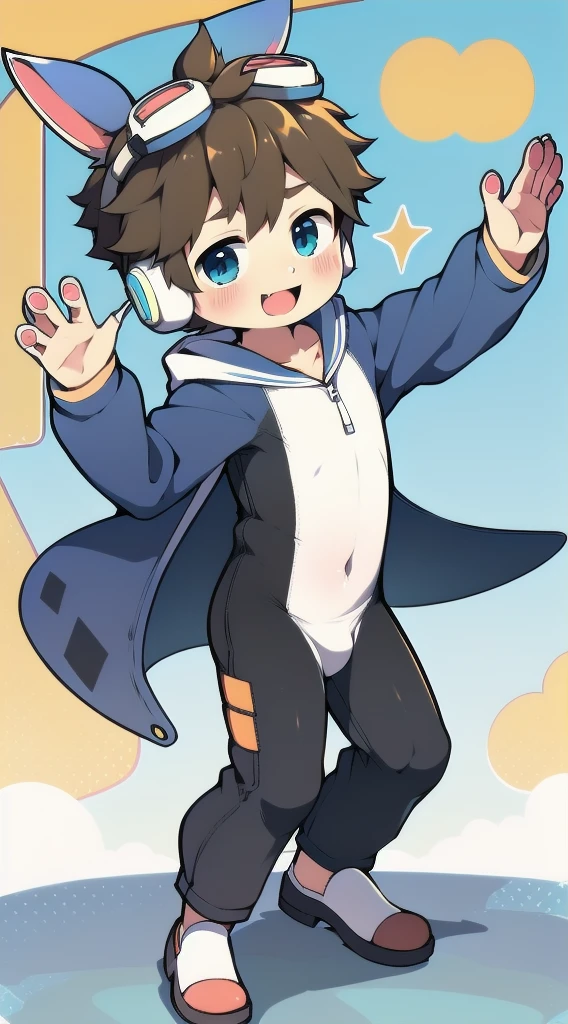 2D Boy Shota,One-piece mountaineering suit,Slim, healthy body,Put the headphones on your head,stand up,goggles,Rabbit ears,happy,Sailor collar,tie,Zipper pulled down,sports shoes,pant