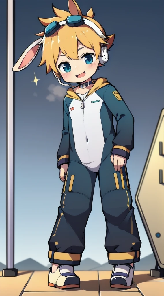 2D Boy Shota,One-piece mountaineering suit,Slim, healthy body,Put the headphones on your head,stand up,goggles,Rabbit ears,happy,Sailor collar,tie,Zipper pulled down,sports shoes,pant