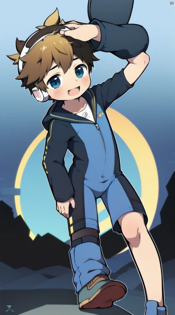 2D Boy Shota,One-piece mountaineering suit,Slim, healthy body,Put the headphones on your head,stand up,goggles,Rabbit ears,happy,Sailor collar,tie,Zipper pulled down,sports shoes,pant