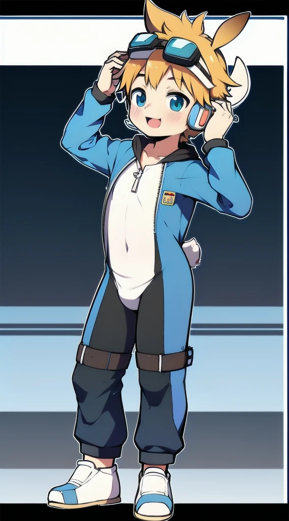 2D Boy Shota,One-piece mountaineering suit,Slim, healthy body,Put the headphones on your head,stand up,goggles,Rabbit ears,happy,Sailor collar,tie,Zipper pulled down,sports shoes,pant