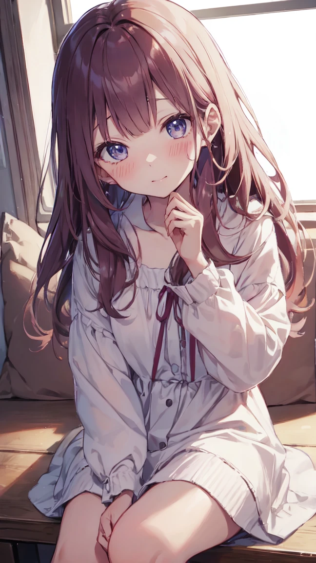 Masterpiece, 8K quality, extremely detailed, con, brown hair, blue eyes, freckles, cute face, blush, puffed out cheeks, pink lips, small breast, thick thighs, perfect belly, wearing panties, wearing oversized sweatshirt, bedroom background