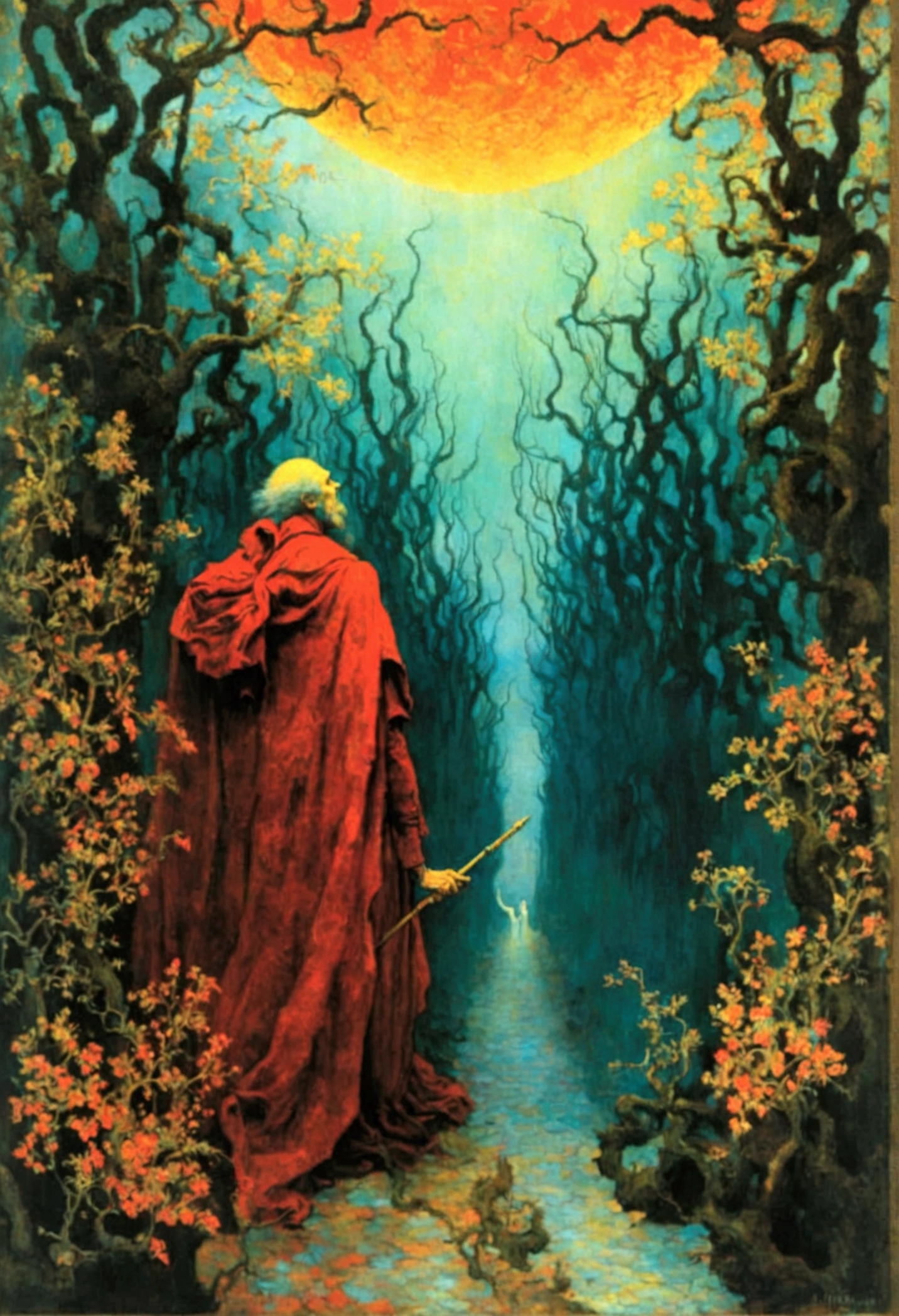 Mythical creatures, author：Zdzislaw Beksiński and Vincent Van Gogh, Album cover, romantic, Surrealism, Futuristic ,Satan, Coral, Wizard, Dark Forest