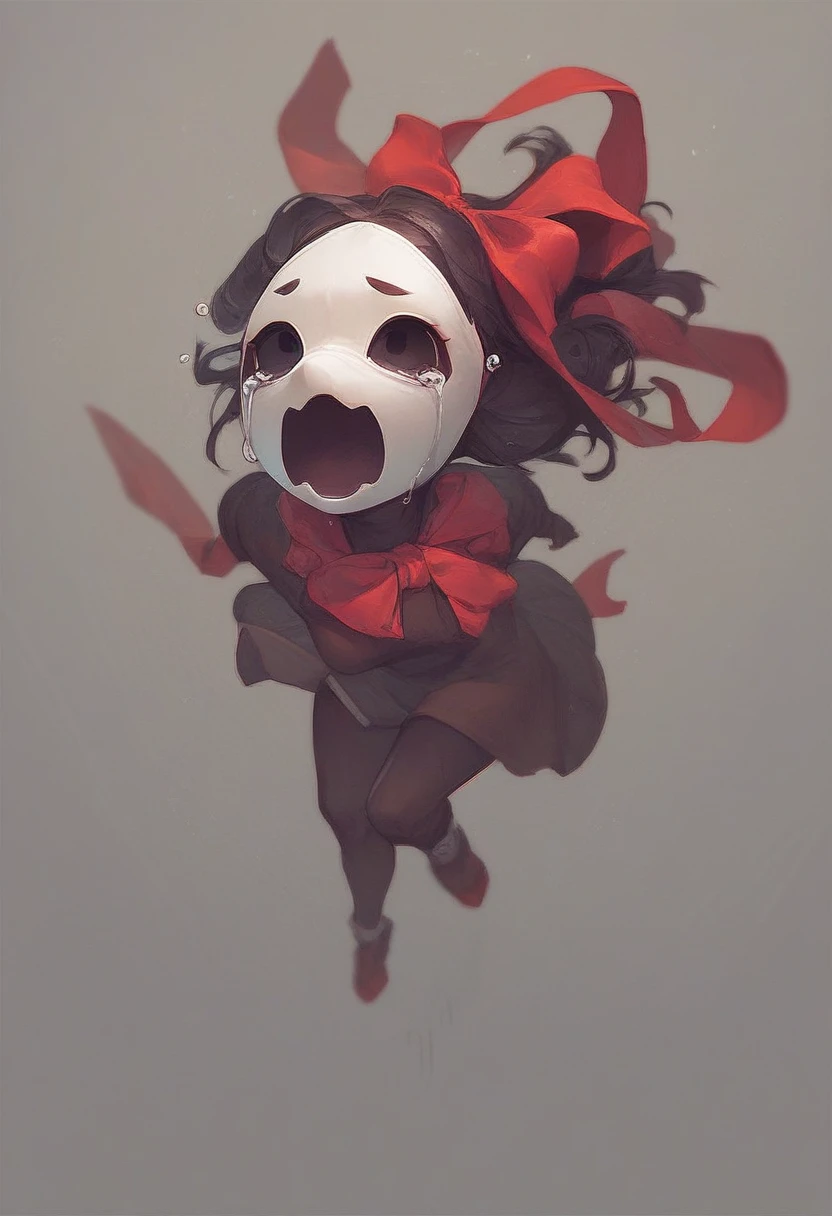 gangle, 1girl, solo, black eyes, tears, red ribbon skin, no humans, mask, floating white mask, crying, full body, source, source_cartoon, open mouth