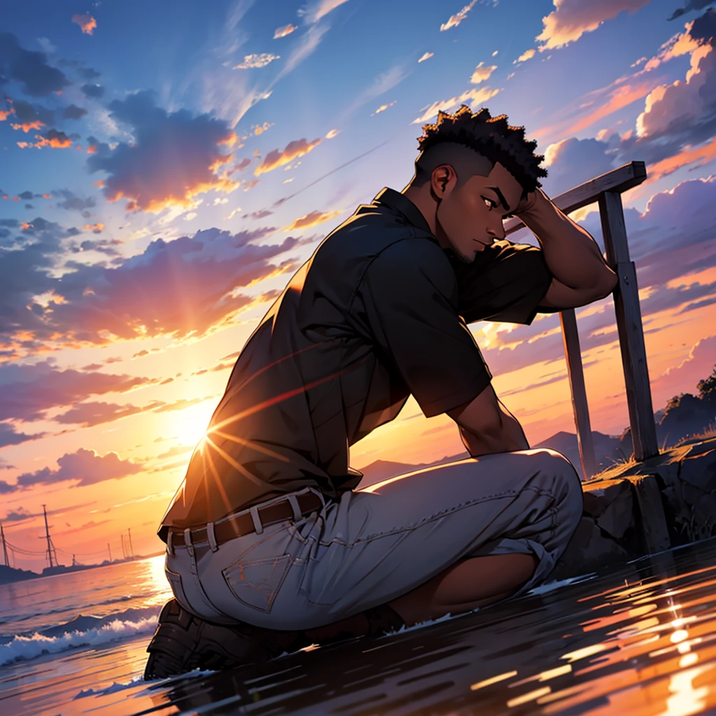 black man thinking about life at sunset