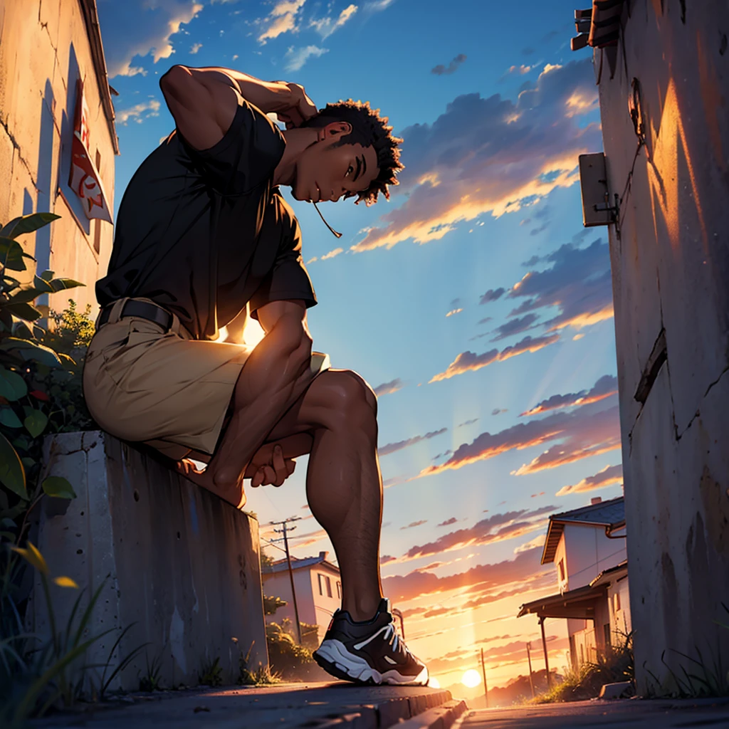 black man thinking about life at sunset