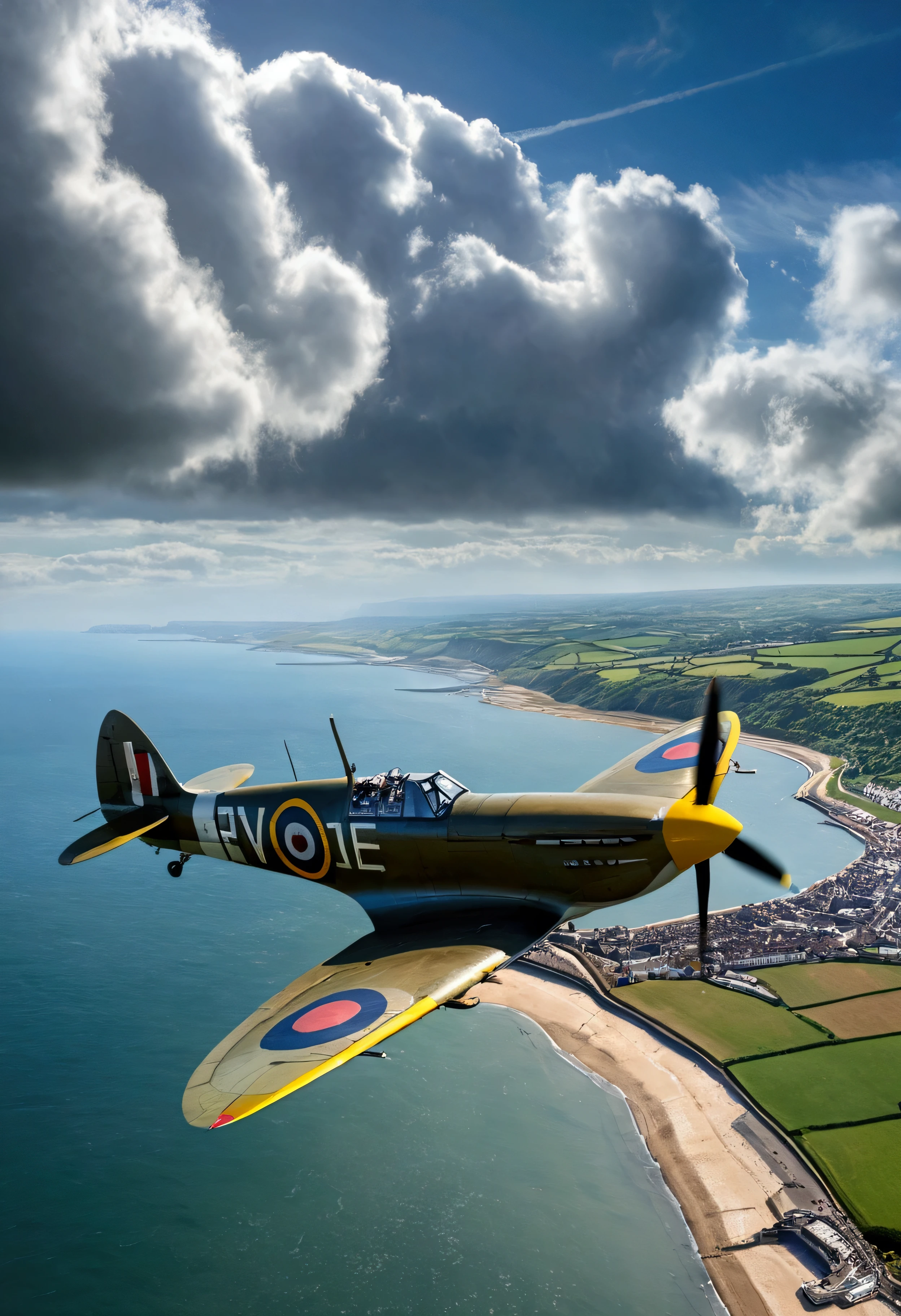 1 spitfire aircraft,iconic spitfire fighter plane, beautiful sky, white cliffs of dover, dramatic clouds, dramatic lighting, realistic,photorealistic,photo-realistic:1.37,hyperrealistic,extremely detailed,8k,best quality,highres,masterpiece:1.2