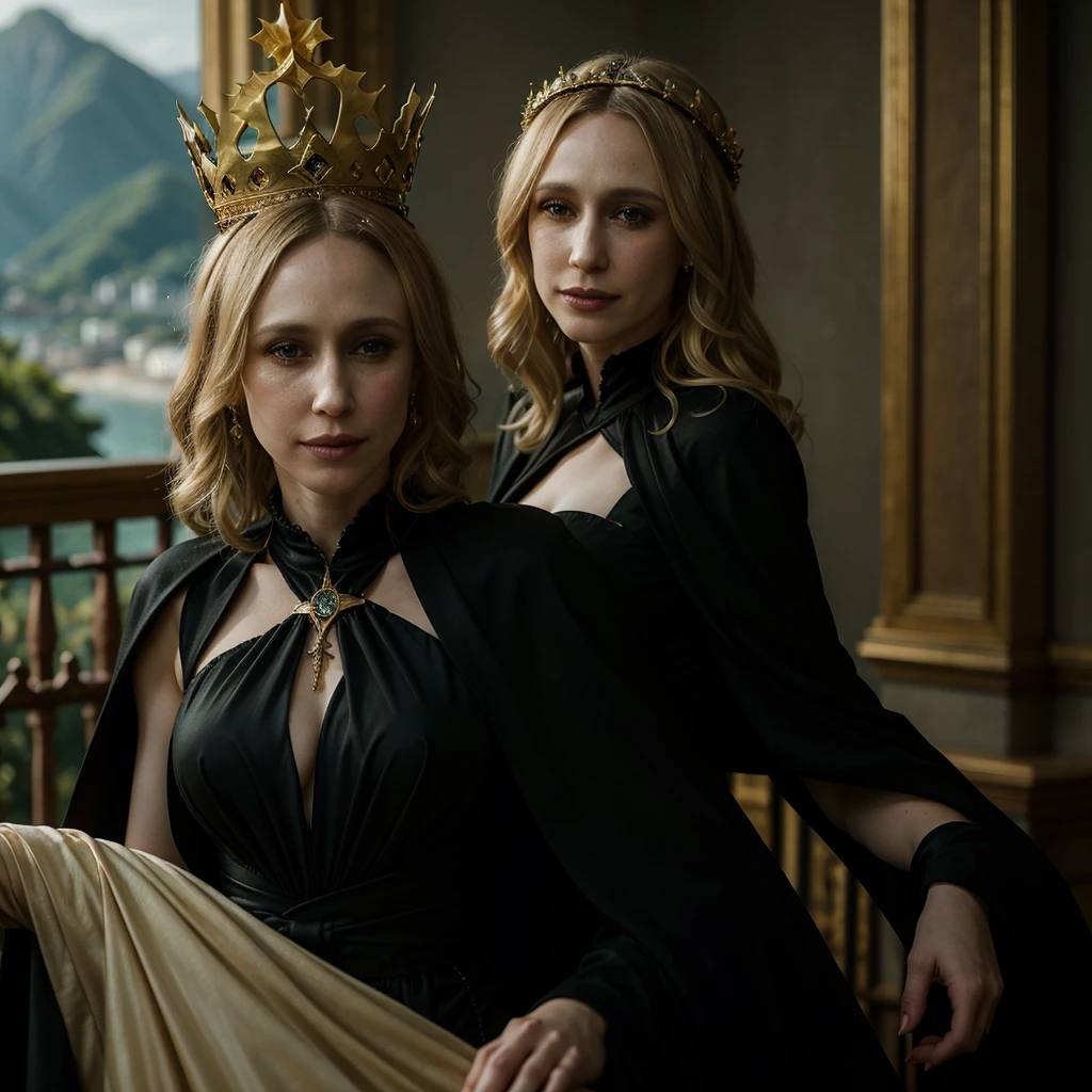 portrait of Vera Farmiga with a golden crown, blonde hair, pale skin, green eyes, black makeup, gothic dress, black dress, black cape, in the background a landscape of Brazil with beach and mountains, at day