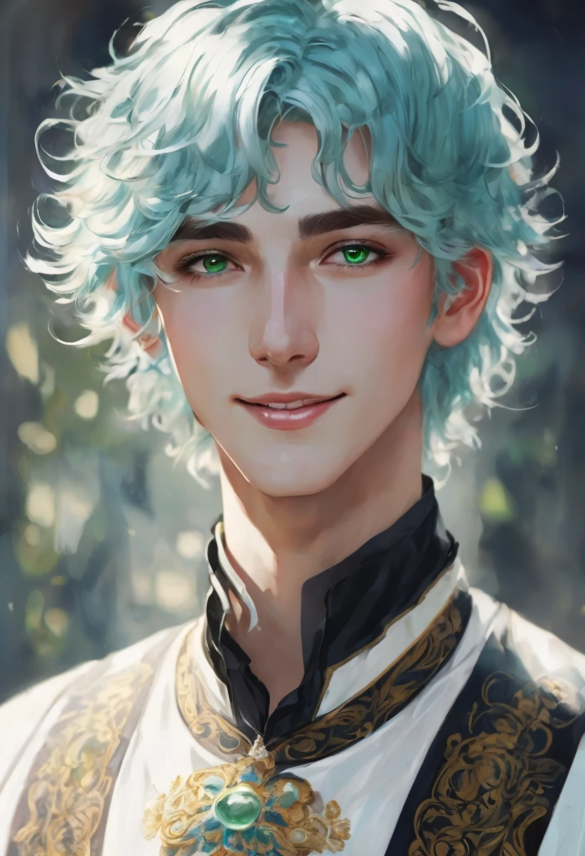 Young man with green eyes, medium short light blue hair, white porcelain skin, Very handsome, dressed in vingage type clothing and smiling look
