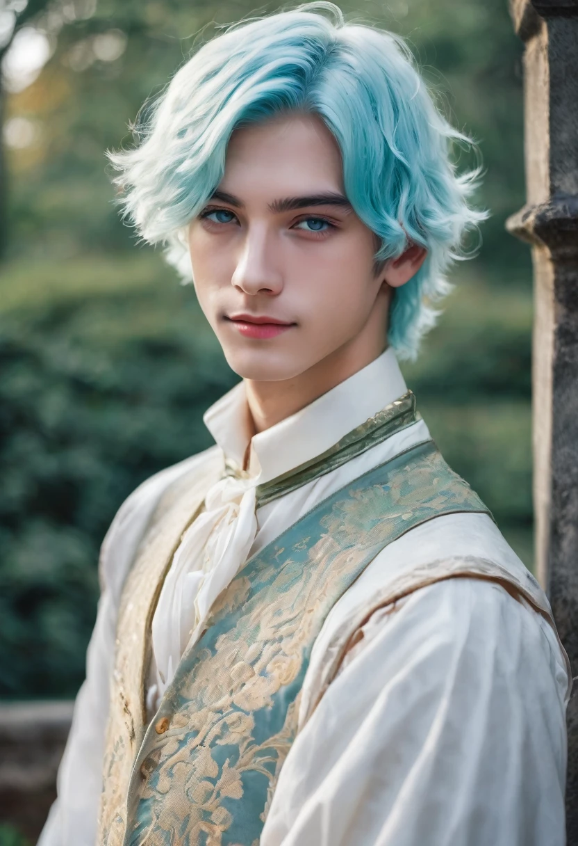 Young man with green eyes, medium short light blue hair, white porcelain skin, Very handsome, dressed in vingage type clothing and smiling look