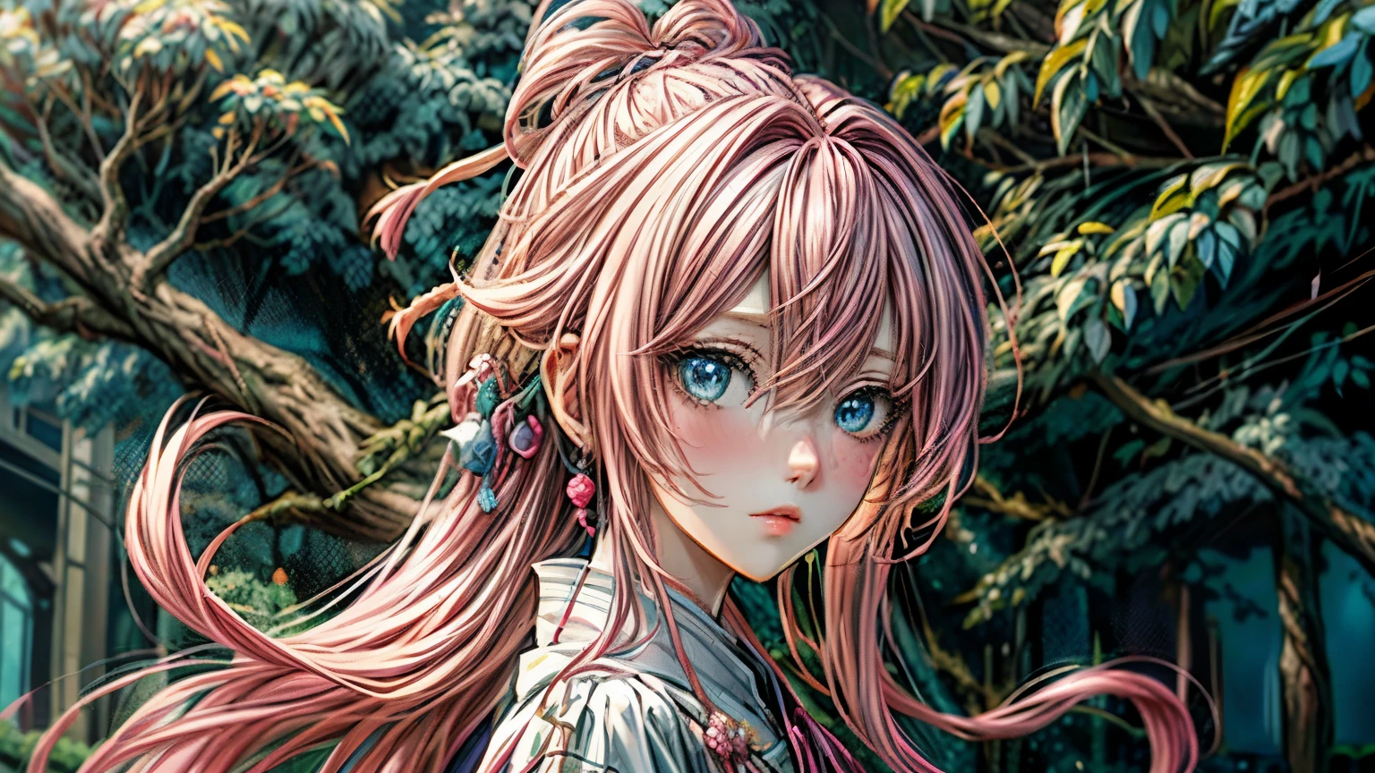 anime girl with pink hair and blue eyes standing in front of a tree, 4K anime style, anime art wallpaper 4k, anime art wallpaper 4k, detailed digital anime art, beautiful animated portrait, anime art wallpaper 8K, beautiful anime illustrations, 4k anime wallpaper, 4k anime wallpaper, anime fantasy illustrations, anime fantasy illustration., detailed portrait of anime girl