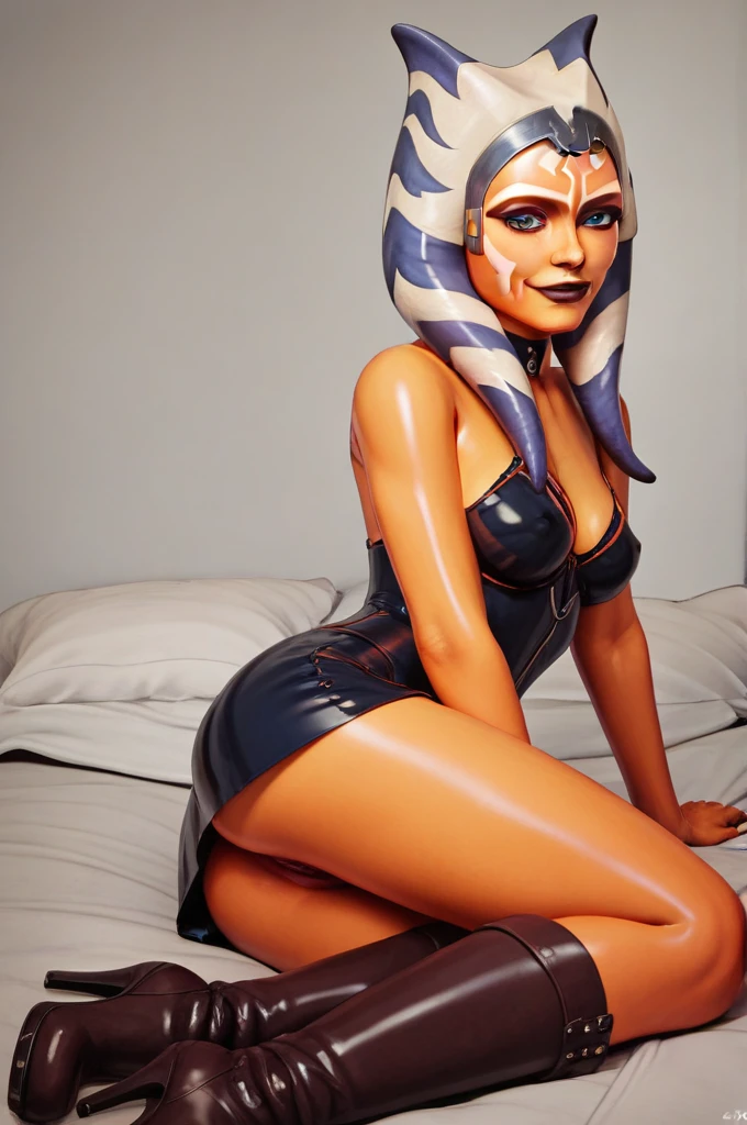 score_9, score_8_up, score_7_up, score_6_up, score_5_up, score_4_up, AhsokaTanoXL wearing latex seductive lingerie, blue eyes, tentacle hair, orange skin, colored skin, facial mark, medium breasts, ((black with red trim flame dress skirt)), no
pants, bare shoulders, guantlets, hip armor, skirt, pants, brown boots, solo, seductively lying on bed in her lingerie, nude ,seductive smile, looking at viewer, indoors