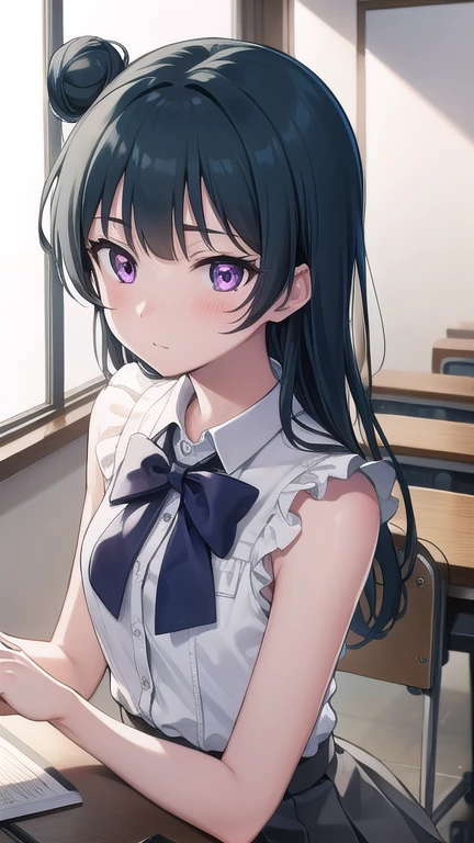 yoshikotsushima, yoshiko tsushima, blue hair, hair bun, (purple eyes:1.1), single side bun, bangs, long hair, (small breast:1.2),
BREAK bow, bowtie, buttons, grey skirt, long sleeves, pleated skirt, , serafuku, skirt, uranohoshi , yellow bow, yellow bowtie, sleeveless,
BREAK looking at viewer, 
BREAK indoors, classroom,
BREAK (masterpiece:1.2), best quality, high resolution, unity 8k wallpaper, (illustration:0.8), (beautiful detailed eyes:1.6), extremely detailed face, perfect lighting, extremely detailed CG, (perfect hands, perfect anatomy),