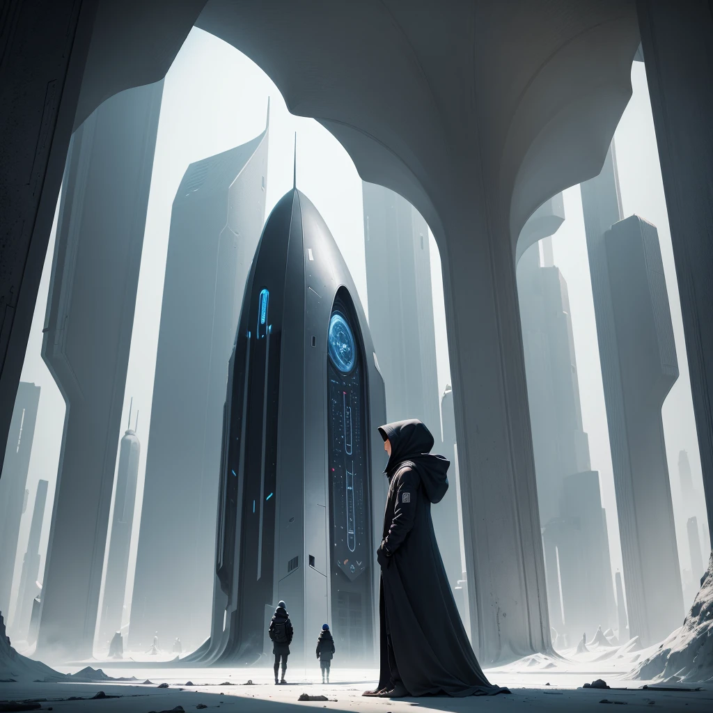 (The best quality)Hooded person looking at the futuristic architecture of an advanced civilization on another planet with dark color palette