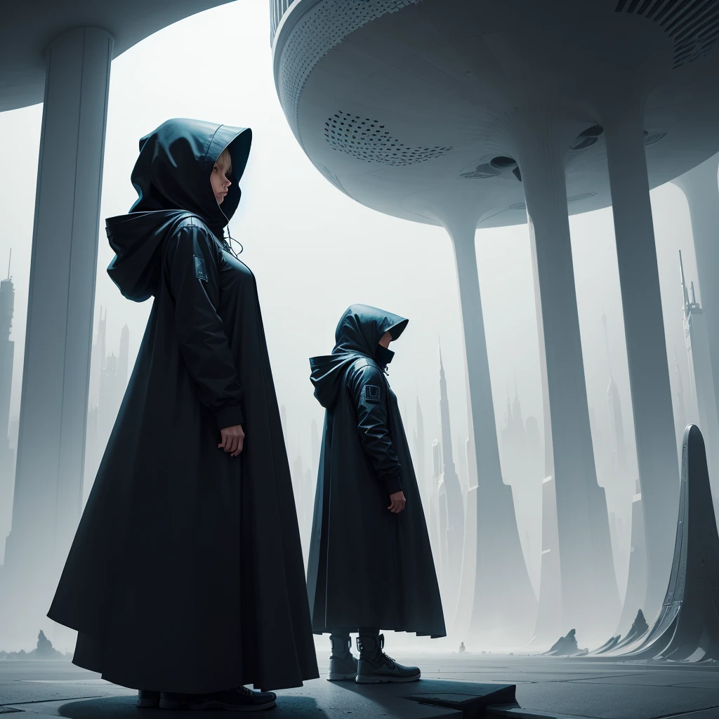 (The best quality)Hooded person looking at the futuristic architecture of an advanced civilization on another planet with dark color palette
