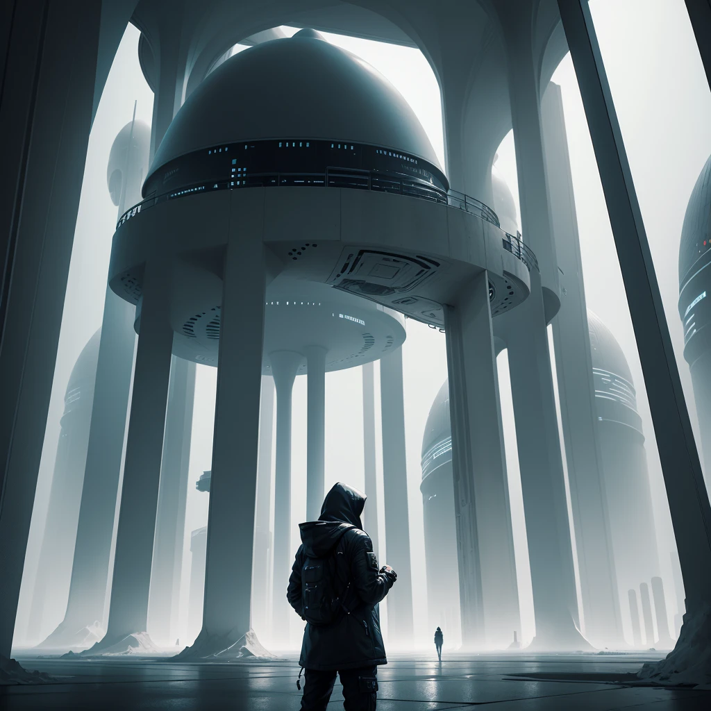 (The best quality)Hooded person looking at the futuristic architecture of an advanced civilization on another planet with dark color palette