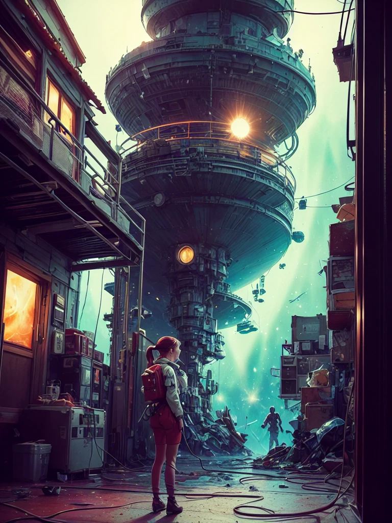 (masterpiece, top quality, Best quality, extremely detailed, As detailed as possible, Official art, beautiful and aesthetically pleasing:1.2), Colorful, Beautiful face, One, perfect body, 1 girl, in space, short red hair, ponytail (hairstyle), green eyes, a space ship, Green Spacesuit, Sun rays, in the room, (wires and cables:1.1), (Science fiction:1.2), porthole, illuminator, stars,Fantasy, high contrast, Чернильные Blows, Explosions, over exposure, Impression of purple and red tones , abstract, ((watercolor painting by John Berkey and Jeremy Mann )) Blows, negative space,