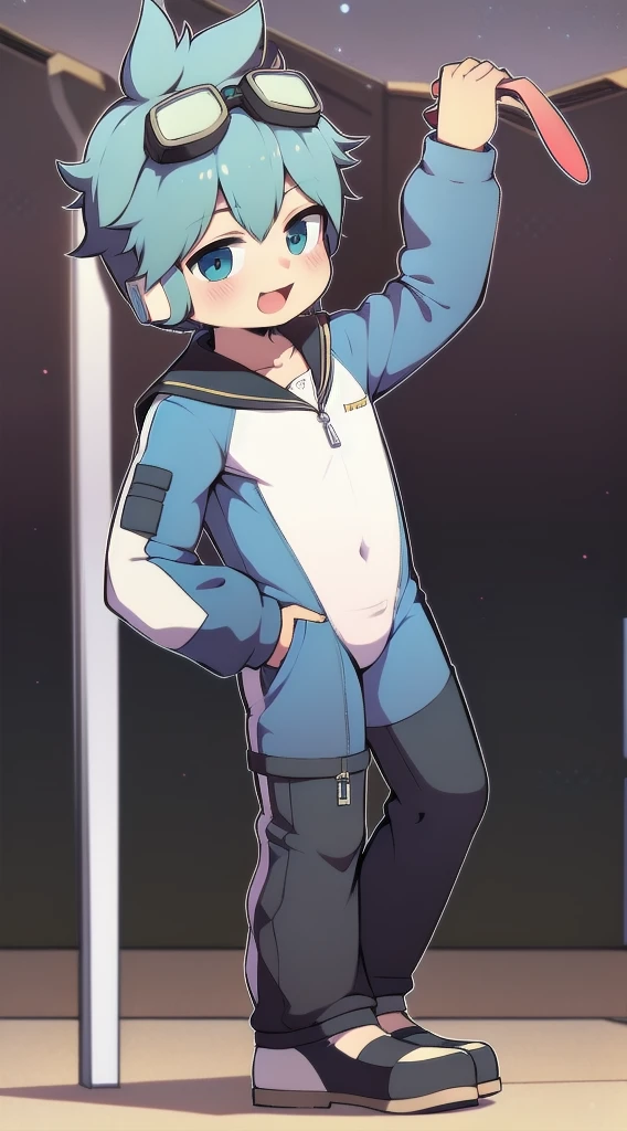 2D Boy Shota,One-piece mountaineering suit,Slim, Put the headphones on your head,stand up,goggles,Rabbit ears,happy,Sailor collar,tie,Zipper pulled down,sports shoes