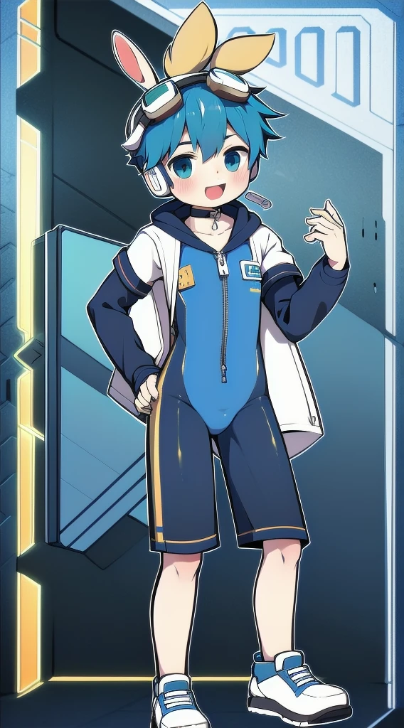 2D Boy Shota,One-piece mountaineering suit,Slim, Put the headphones on your head,stand up,goggles,Rabbit ears,happy,Sailor collar,tie,Zipper pulled down,sports shoes