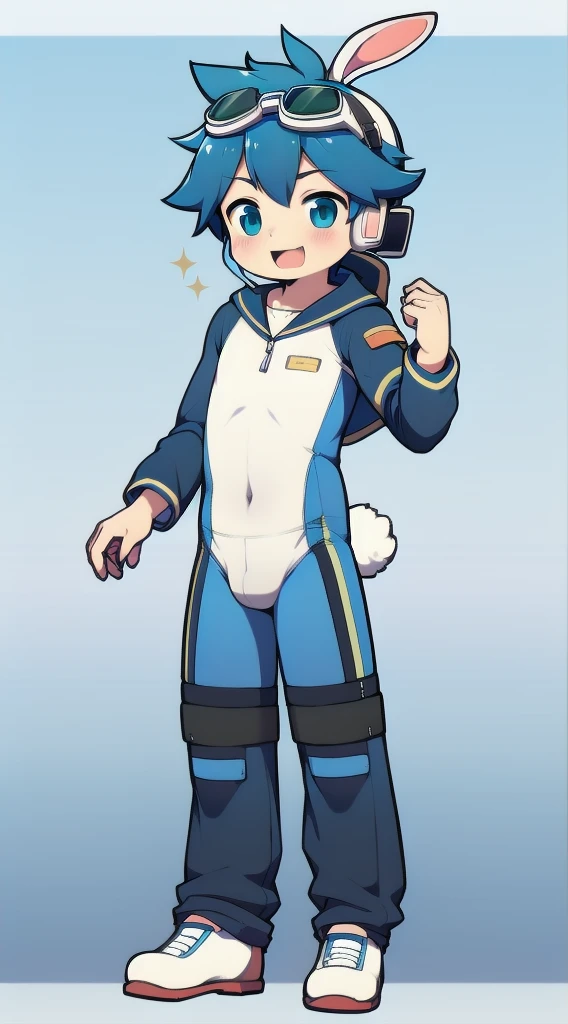 2D Boy Shota,One-piece mountaineering suit,Slim, Put the headphones on your head,stand up,goggles,Rabbit ears,happy,Sailor collar,tie,Zipper pulled down,sports shoes