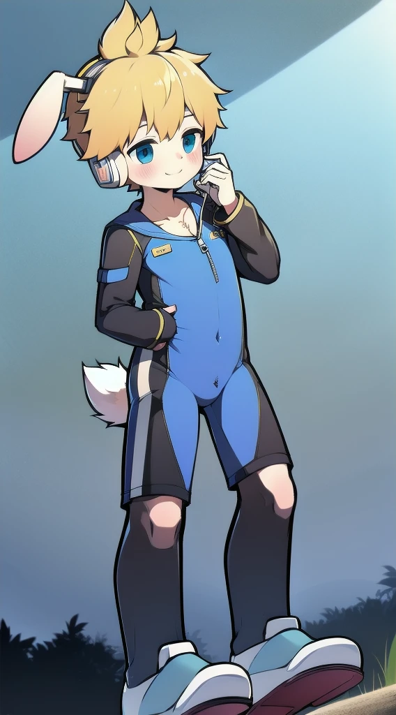 2D Boy Shota,One-piece mountaineering suit,Slim, Put the headphones on your head,stand up,goggles,Rabbit ears,happy,Sailor collar,tie,Zipper pulled down,sports shoes