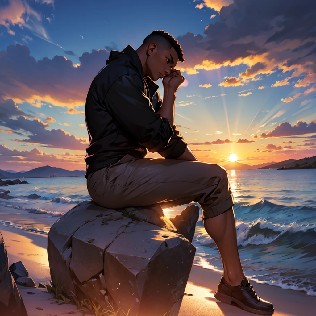 black man thinking about life at sunset