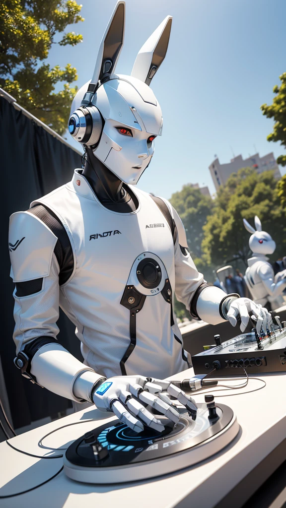 robot rabbit, White color, humanoid, male gender, in an outdoor setting, playing a turntable and dj mixer,