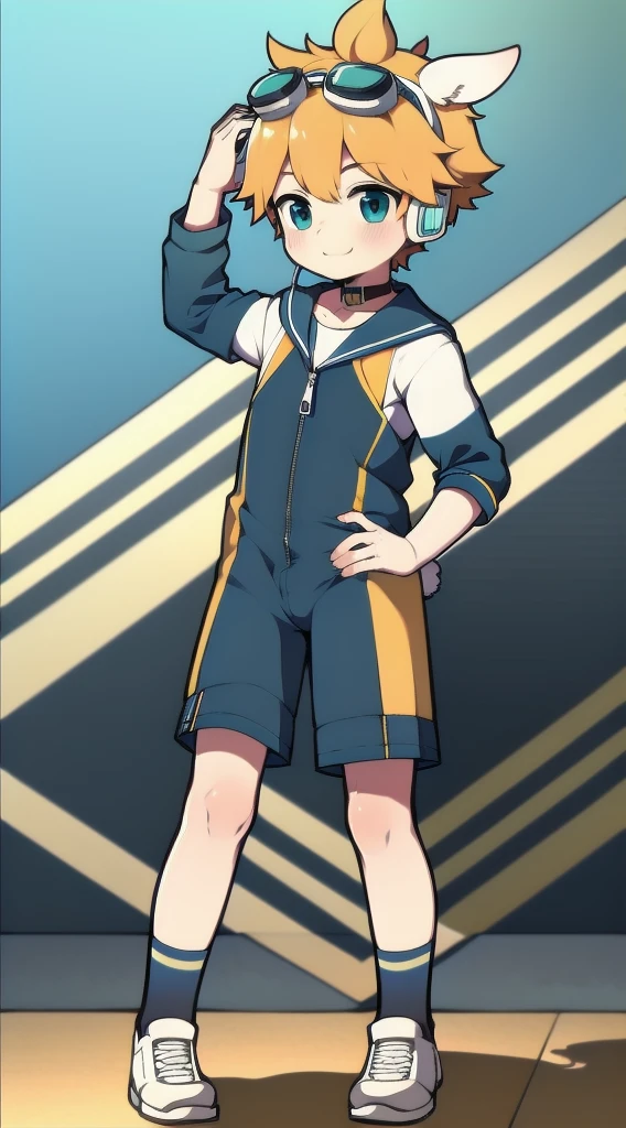 2D Boy Shota,One-piece mountaineering suit,Slim, healthy body,Put the headphones on your head,stand up,goggles,Rabbit ears,happy,Sailor collar,tie,Zipper pulled down,sports shoes