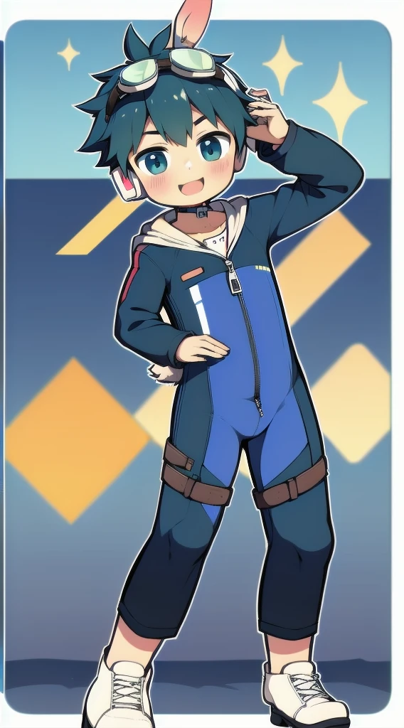 2D Boy Shota,One-piece mountaineering suit,Slim, healthy body,Put the headphones on your head,stand up,goggles,Rabbit ears,happy,Sailor collar,tie,Zipper pulled down,sports shoes