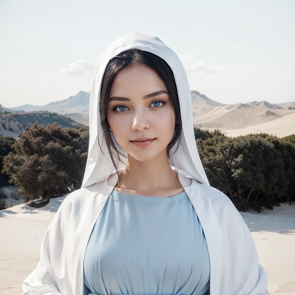 Beautiful woman with light blue eyes, black hair, serene face with a slight smile, wears a white cloak, wears a gray tunic with wide, long sleeves adjusted at the waist by a white sash.