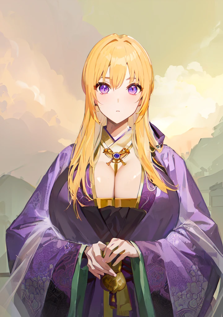 Wearing a purple robe、Cartoon image of a woman holding a bowl, ((Beautiful fantasy queen)), Produced in collaboration with Anime Painter Studio, Anime Goddess, Portrait of the Knights of the Zodiac, (Wearing noble robes)), Anime style like fate/overnight, Beautiful fantasy queen, In the anime painter studio,Three Kingdoms,Three Kingdoms志,Chinese style,antiquity,Hanfu,,巨big乳房,Good shape,Royal sister,Purple Eyes,Celluloid,big,Full figure,Noble,huge ,big ,big boods,sex body,yellow hair,Purple Eyes