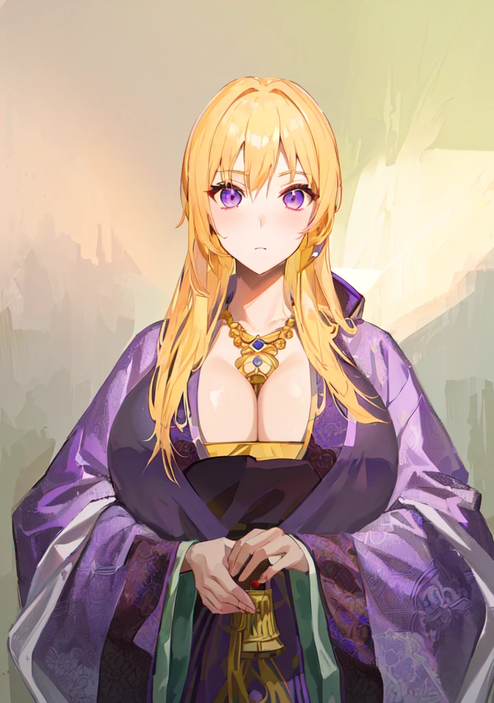 Wearing a purple robe、Cartoon image of a woman holding a bowl, ((Beautiful fantasy queen)), Produced in collaboration with Anime Painter Studio, Anime Goddess, Portrait of the Knights of the Zodiac, (Wearing noble robes)), Anime style like fate/overnight, Beautiful fantasy queen, In the anime painter studio,Three Kingdoms,Three Kingdoms志,Chinese style,antiquity,Hanfu,,巨big乳房,Good shape,Royal sister,Purple Eyes,Celluloid,big,Full figure,Noble,huge ,big ,big boods,sex body,yellow hair,Purple Eyes