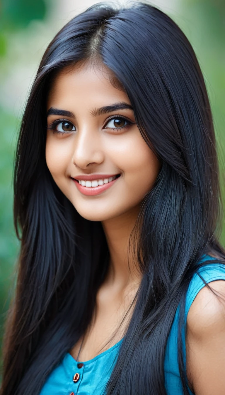 woman with big long straight black hair, realistic face, young and cute girl, 18 years old, attractive girl, cute beautiful, very beautiful girl, 22 years old, 21 years old, with cute - beautiful - face, girl with cute face, Indian, girl next to me, innocent look, cute seductive smile, face looking directly at the camera , full-face , portrait photo avatar