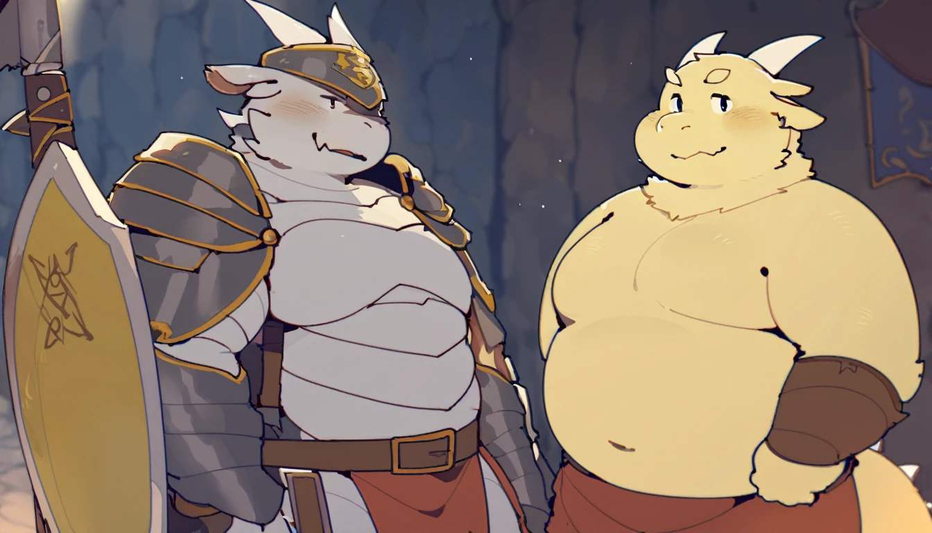 Dragon, male, furry anime,fat, chubby,paladin,wearing Medieval adventure equipment ,Topless ,A heavy greatsword on the back, heavy Shield, medieval times,anthro,doujin,yaoi,fantasy,isekai, adventure, by quanjiang