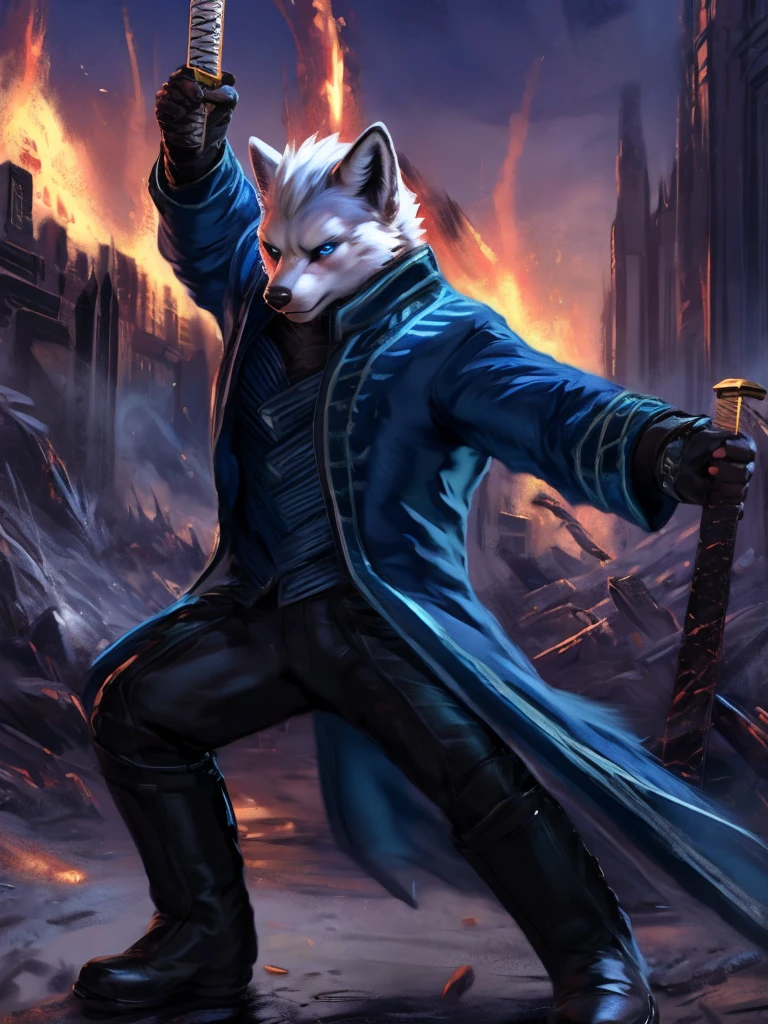 Vergil, blue clothing, robe, katana with white handle, devil may cry, white hair, slick back, blue eyes, cold stare, holding katana, detailed, realistic, dynamic pose, swinging katana, facing viewer, fight scene, running, detailed background, destroyed city background, fire, arctic fox, white fur, high quality, highest quality, by zackary911, by chunie