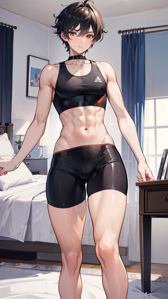 High quality. Masterpiece. College boy. Boy. Male. Short hair. He is a handsome man, very disciplined and studious. He has a slim toned body and a thick rear, wears a black short short, making his voluminous large ass stand out. Male character. Orange crop top. Short Black messy boy hair. High quality. rear pointed at camera. bedroom.