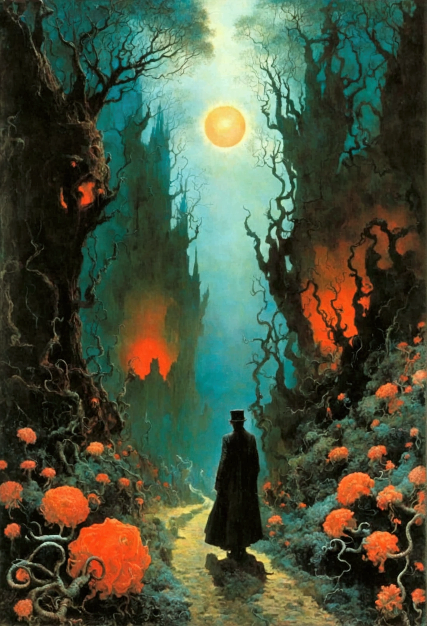Mythical creatures, author:Zdzislaw Beksiński and Vincent Van Gogh, Album cover, romantic, Surrealism, Futuristic ,Satan, Coral, Wizard, Dark Forest