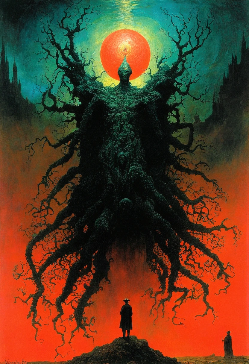 Mythical creatures, author:Zdzislaw Beksiński and Vincent Van Gogh, Album cover, romantic, Surrealism, Futuristic ,Satan, Coral, Wizard, Dark Forest