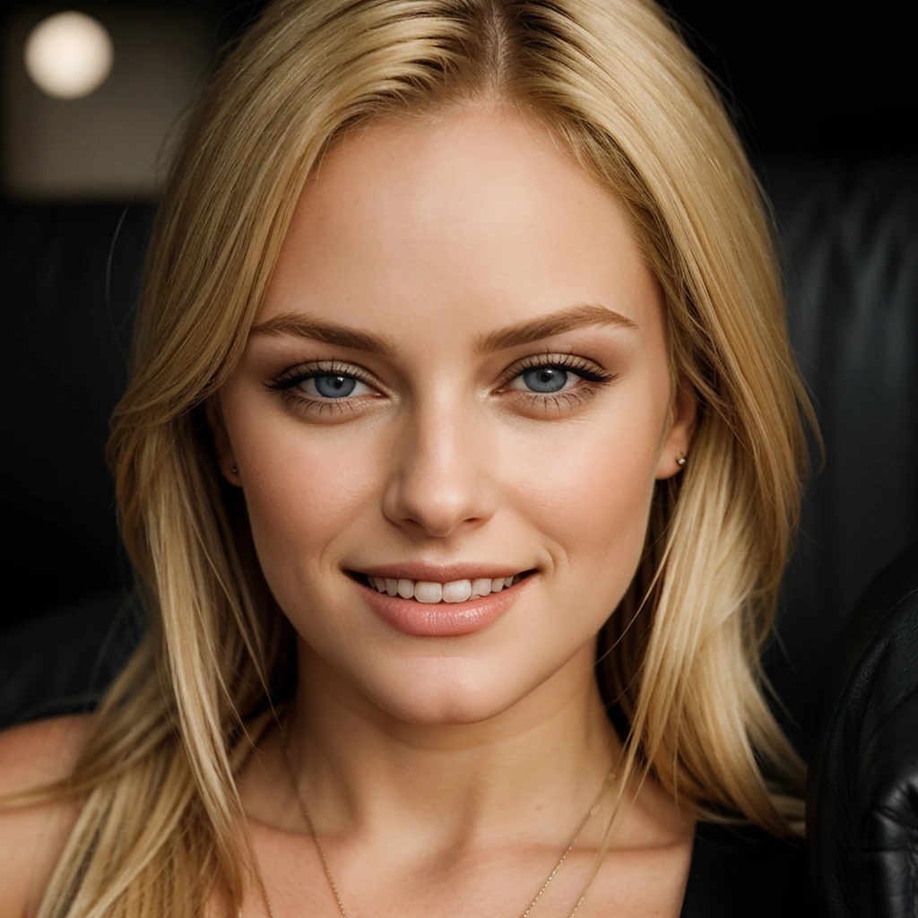 ;a blonde woman with perfect eyes, smile, dark background, on the couch