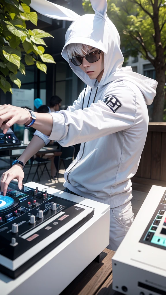robbery rabbit, White color, humanoid, male gender, in an outdoor setting, playing a turntable and dj mixer,