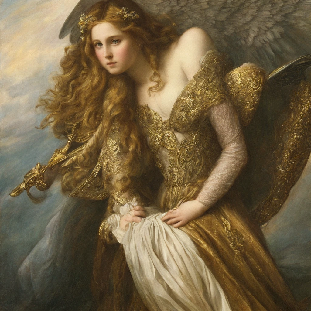 Pre-Raphaelite portrait of a young angel with long white hair, wearing intricate armor, glorious atmosphere, high-quality, high definition