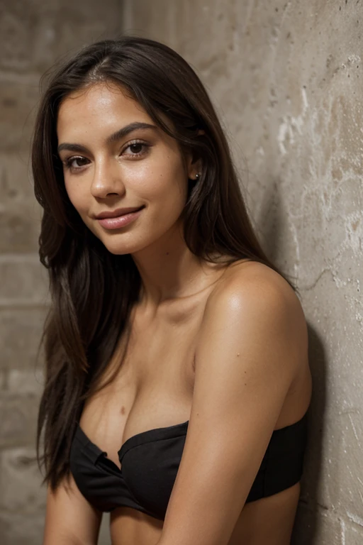 realisitic, a one woman, nova, 21 years, with straight hair, Brunetette, slightly light brown skin, Full mouth, pleasant face, sultry gaze, corner smile, skin tanned, gray wall, shoulders showing, wearing a black strapless
