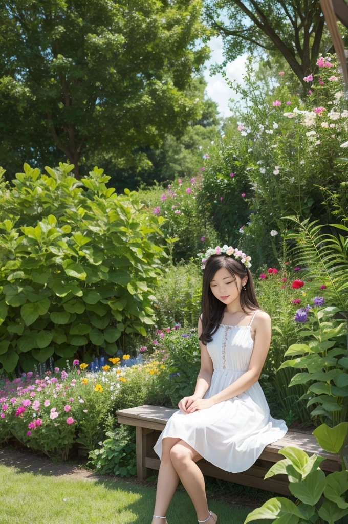  in a dress sitting in the flower garden.