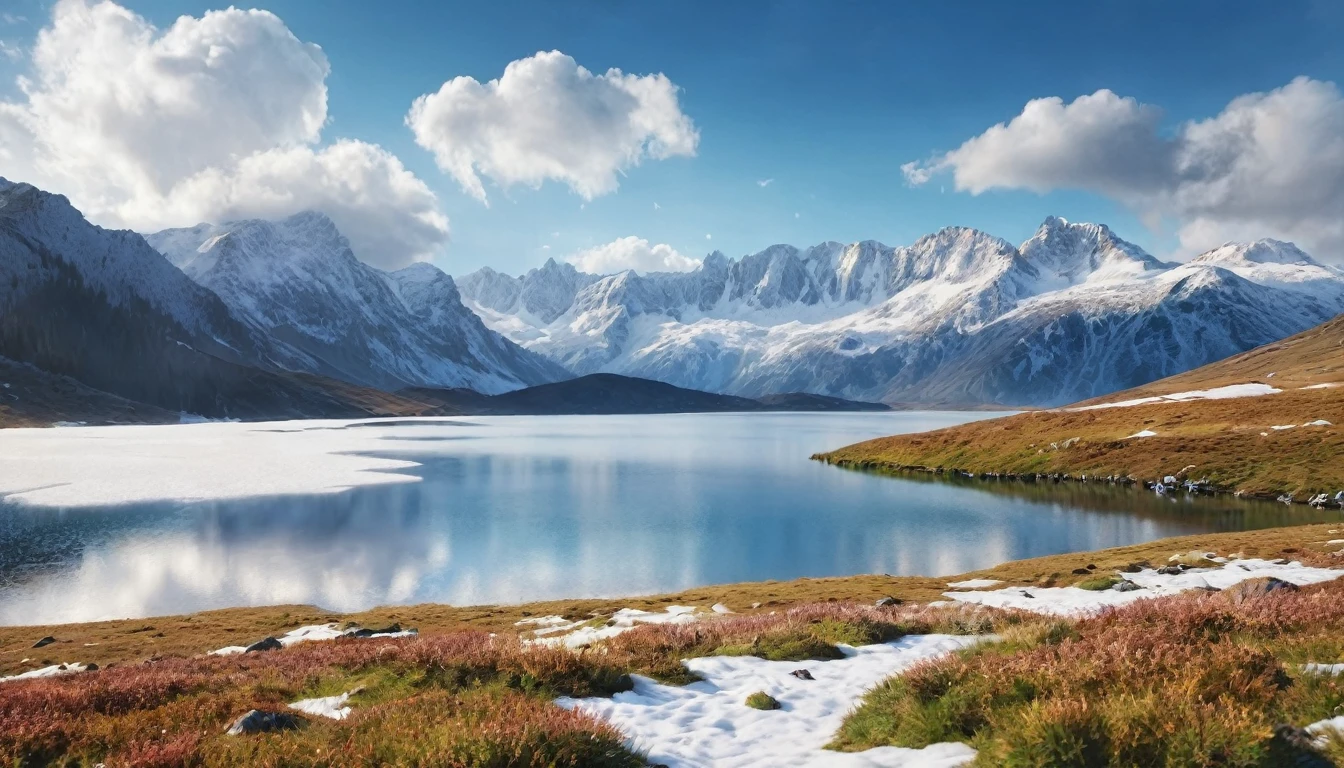 meadows, clear lakes,heaven, large clouds, blue sky, HD detail, hyper-detail, cinematic, soft light, deep field focus bokeh, distant view is snowy mountains, (high quality, best quality:1.3)