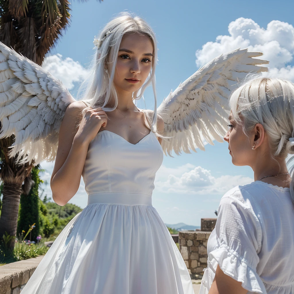 22 year old woman , 1 girl, realistic, One, (masterpiece:1.2), Best quality, ,an angel_wings, Sun, sky, cloud, Open_Hands, White dress, White hair.