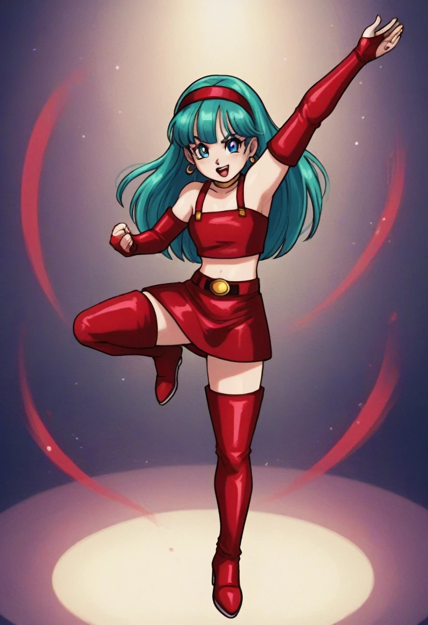 1girl, solo, long hair, straight hair,  blunt bangs,  aqua hair, blue eyes, eyelashes,
red hairband, elbow gloves, red gloves, fingerless gloves, red crop top, midriff, bare shoulders, belt,  hoop earrings,  bridal gauntlets, red skirt, thigh boots, red footwear, Dancing, jump, high kick,
 