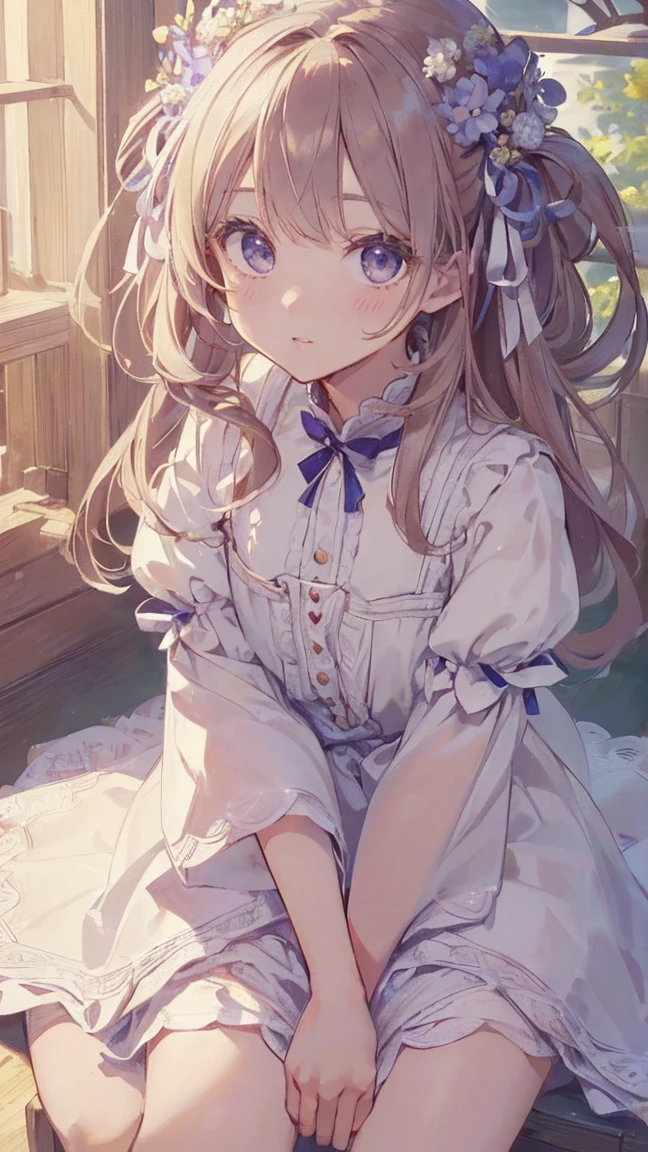 ((Masterpiece)), (((best quality))), hips wide open, ((Beetle eyes wide open blue colour eyes)), long brown hair, ((shot White dress)), (()), (Bored), (cute),